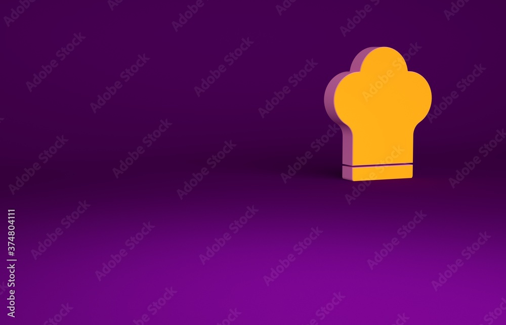 橙色厨师帽图标隔离在紫色背景上。烹饪符号。厨师帽。极简主义概念。3