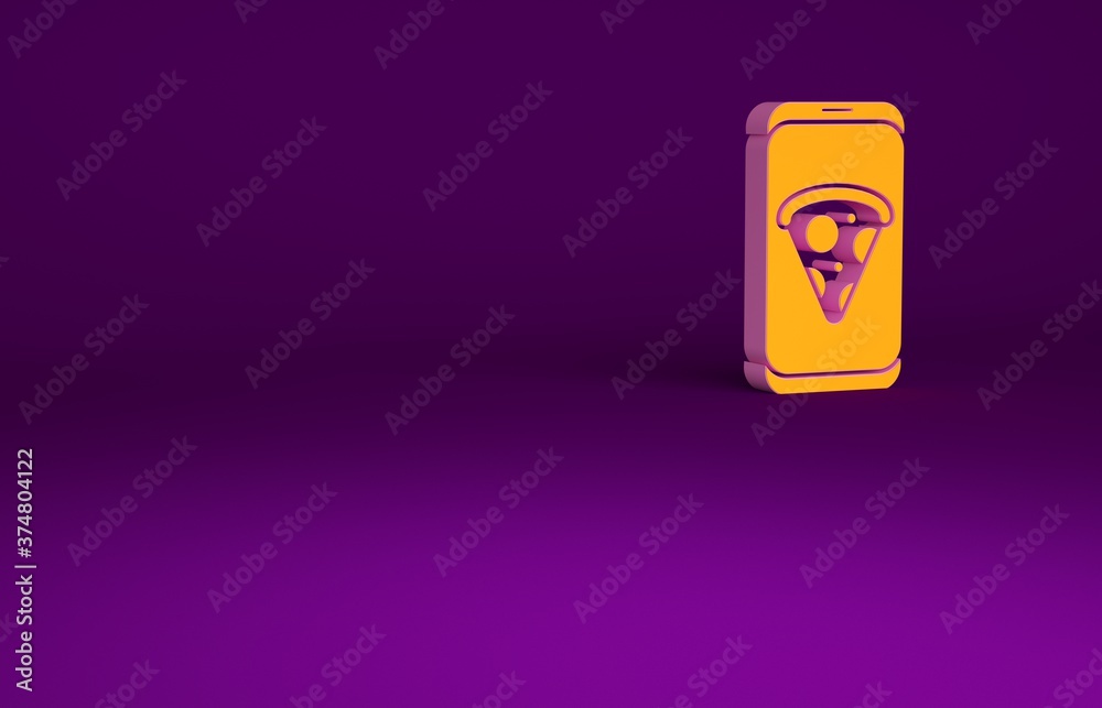 橙色食品点餐披萨图标隔离在紫色背景上。通过手机点餐。餐厅foo