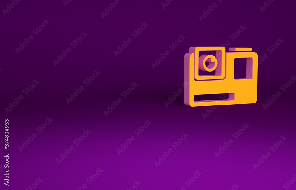 橙色动作极限摄像机图标隔离在紫色背景上。用于拍摄的摄像机设备