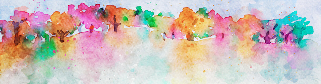 Semi abstract watercolor painting of autumn landscape, trees with colorful leaves in fall season