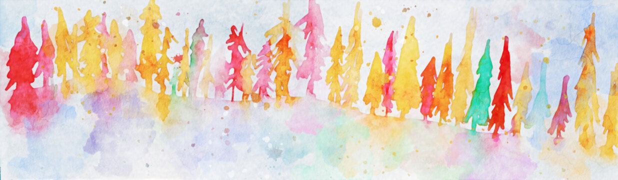 Watercolor painting of autumn landscape, trees with colorful leaves in fall season