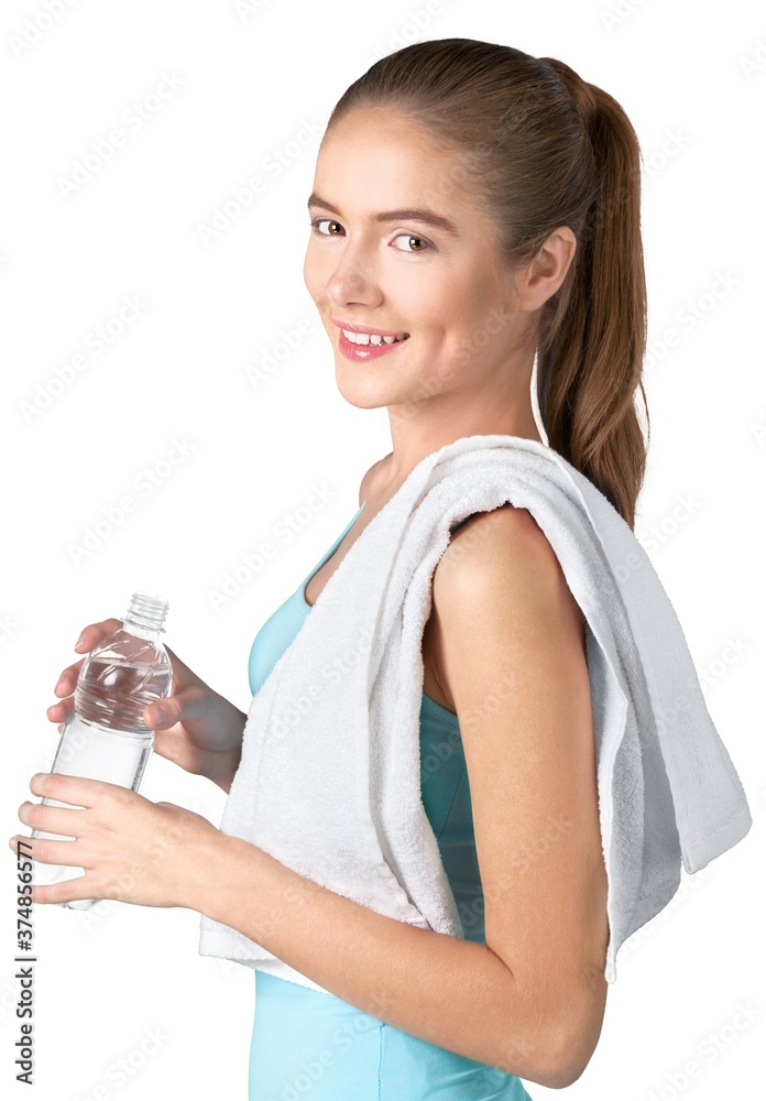 一个戴着瓶子的健康女人的肖像