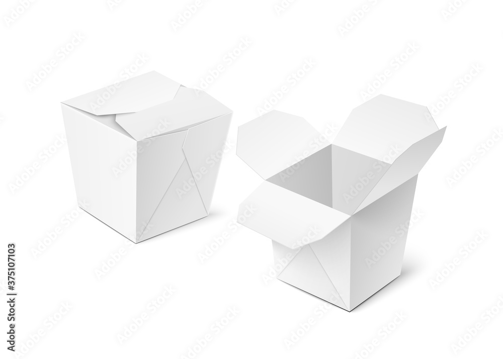 外卖食品盒或容器模板，分离的逼真矢量插图。