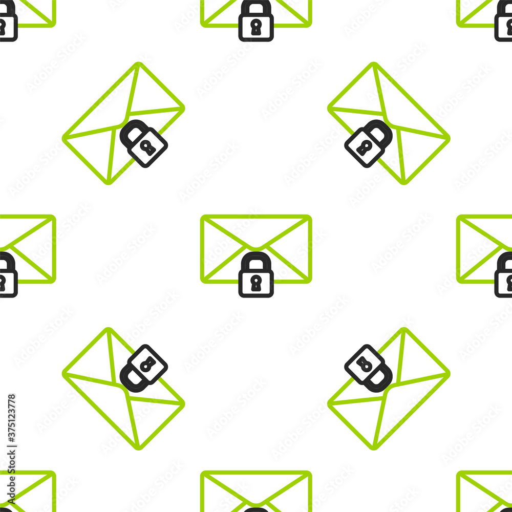 Line Mail message lock password icon isolated seamless pattern on white background. Envelope with pa