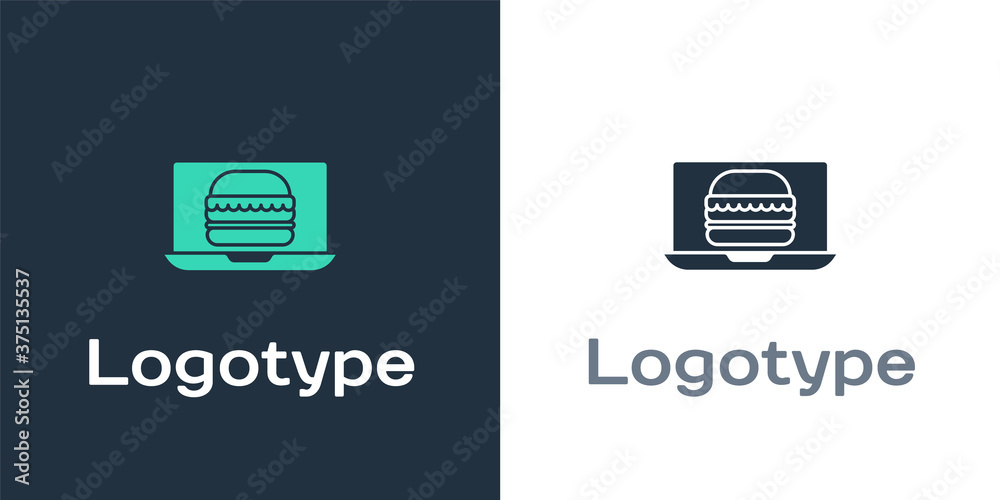 标识类型在线订购和汉堡配送图标隔离在白色背景上。标识设计模板