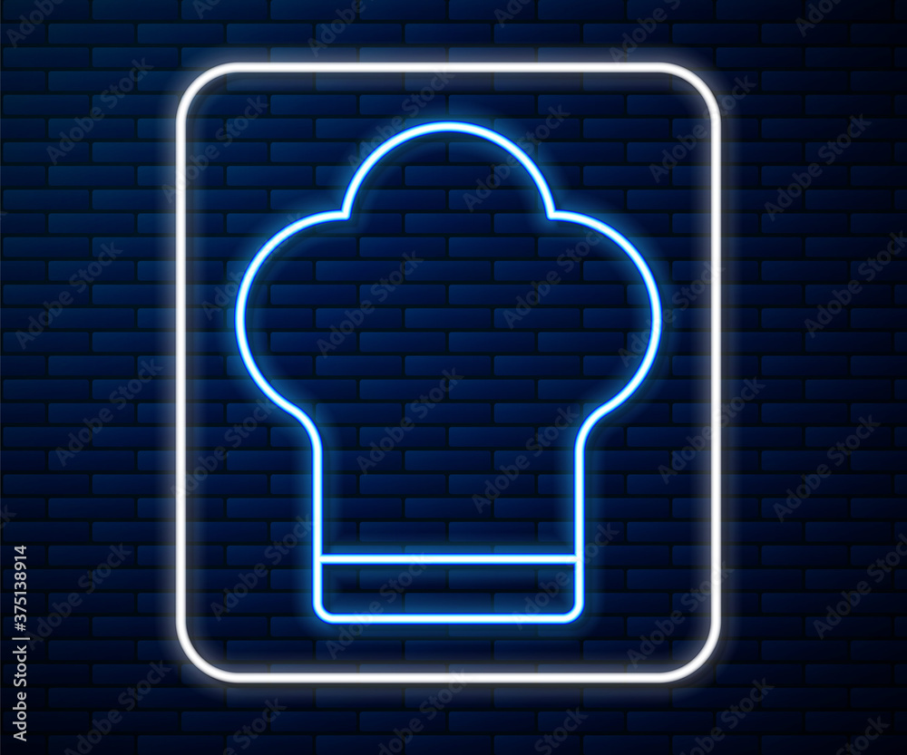 明亮的霓虹灯线条厨师帽图标隔离在砖墙背景上。烹饪符号。厨师帽。矢量