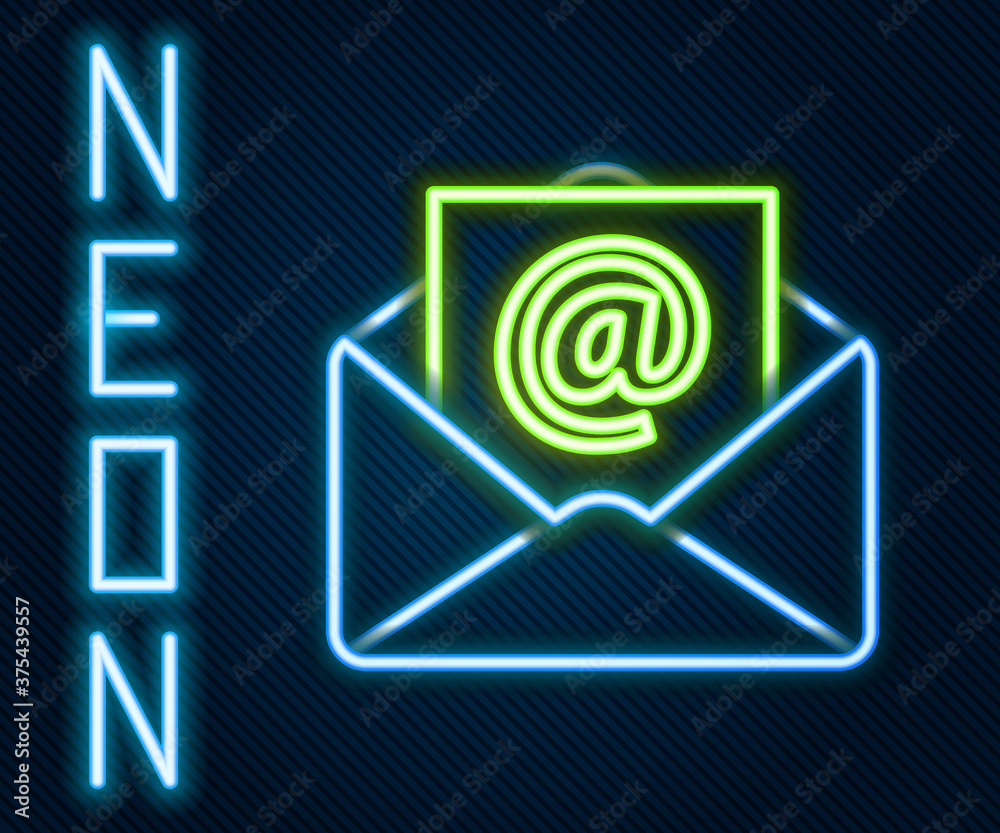 黑色背景上隔离的发光霓虹线邮件和电子邮件图标。信封符号电子邮件。电子邮件m