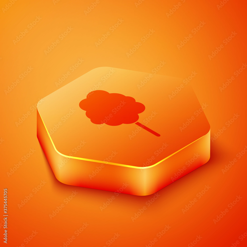 Isometric Cotton candy icon isolated on orange background. Orange hexagon button. Vector Illustratio