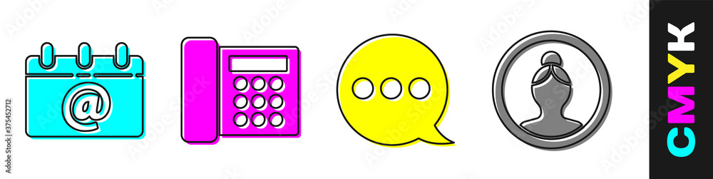Set Calendar with email, Telephone, Speech bubble chat and Create account screen icon. Vector.