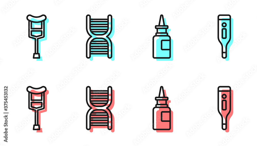 设置线瓶鼻喷雾剂、拐杖或拐杖、DNA符号和医用数字温度计图标。Ve