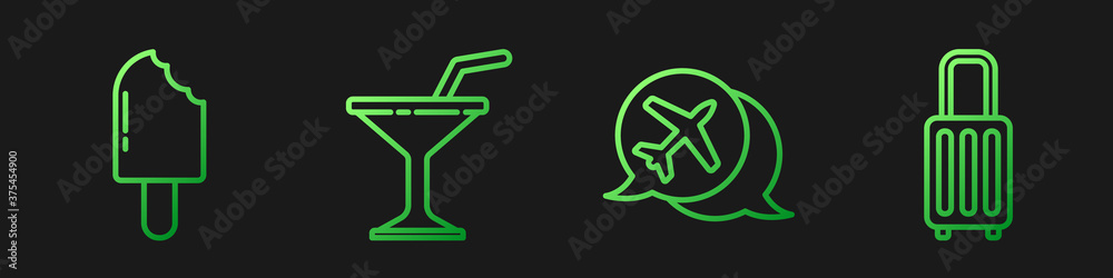 Set line Speech bubble with airplane, Ice cream, Martini glass and Suitcase. Gradient color icons. V
