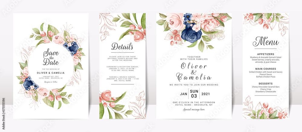 Floral wedding invitation template set with navy and peach watercolor roses and leaves decoration. B