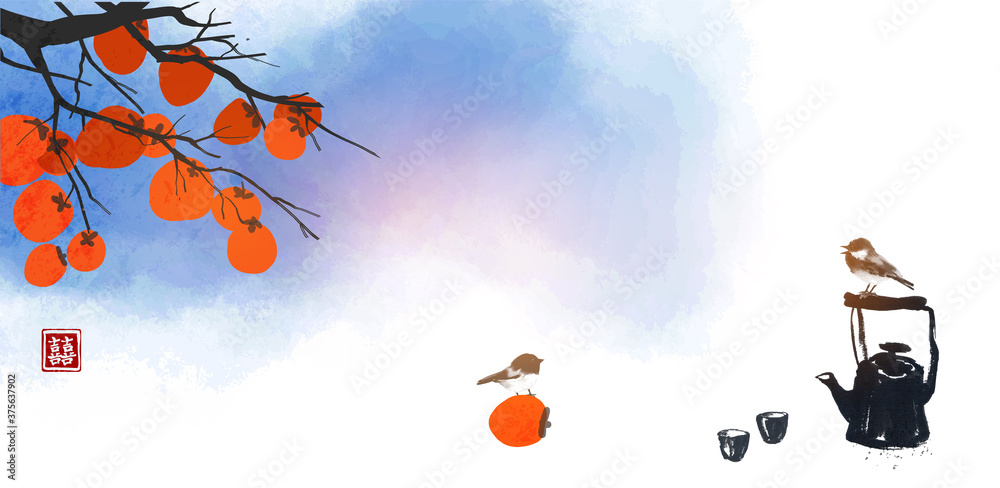 柿子树，结着橙色的大果实，两只小鸟和老茶壶。传统的东方水墨画