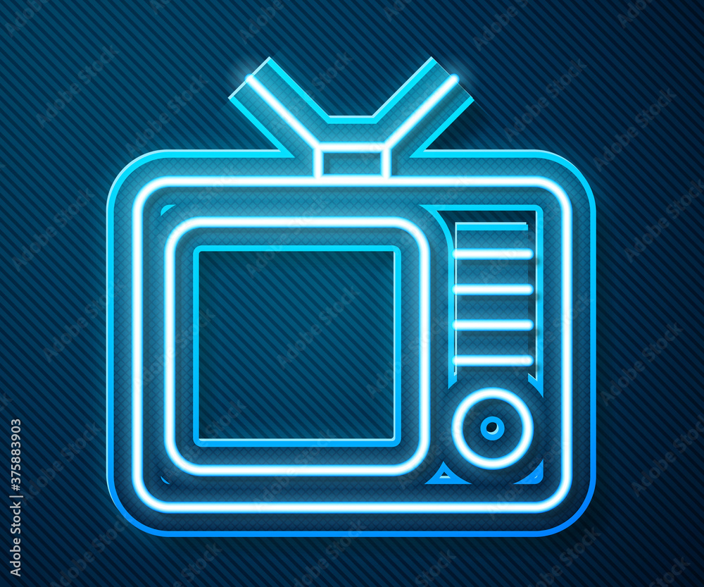 蓝色背景上隔离的霓虹灯复古电视图标。电视标志。矢量插图。