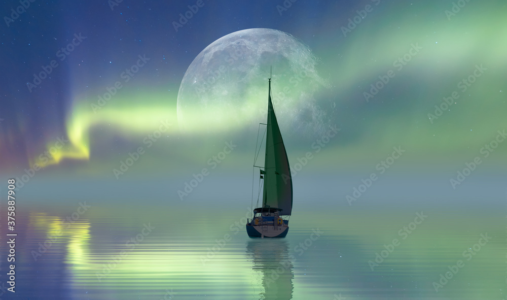 北极光极光，帆船豪华游艇，背景是满月元素o