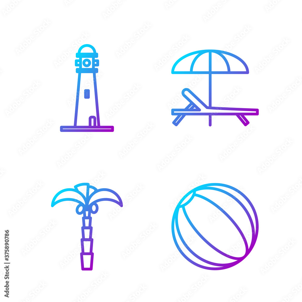 设置线沙滩球、热带棕榈树、灯塔、日光浴床和雨伞。渐变色图标.V