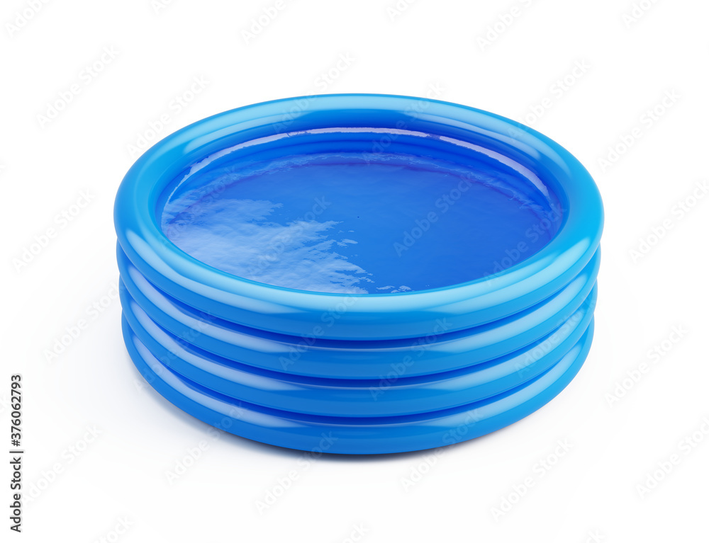 蓝色充气橡胶儿童游泳池，充满白色隔离的水。3d渲染