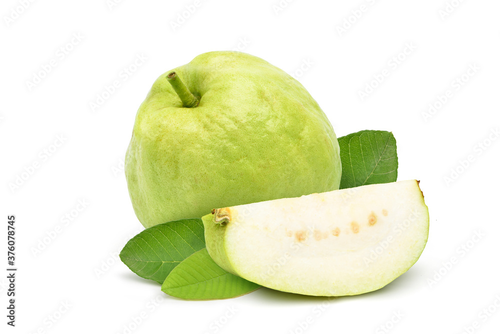 Fresh organic Guava (Jamfal) fruits with sliced and green leaves isolated on white background.