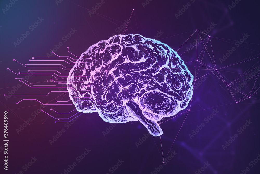 Abstract brain hologram on blue background.