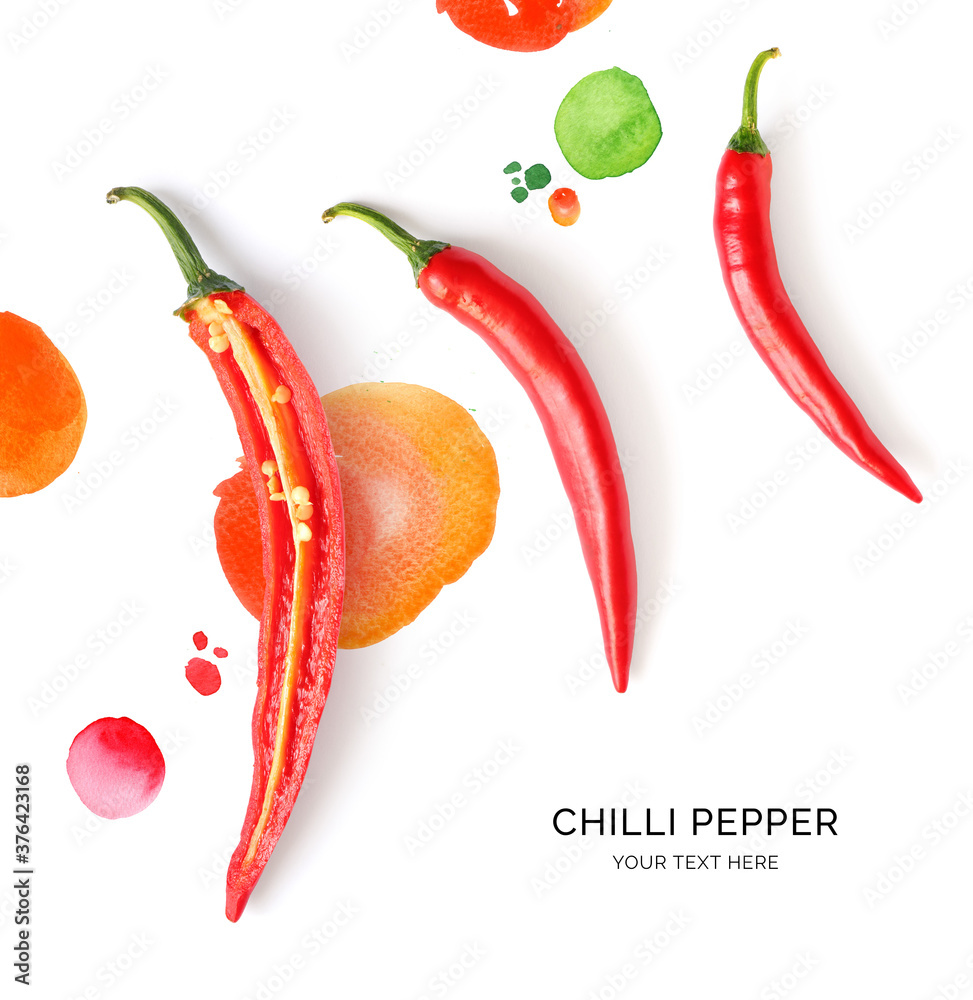 Creative layout made of chilli pepper on the watercolor background. Flat lay. Food concept.