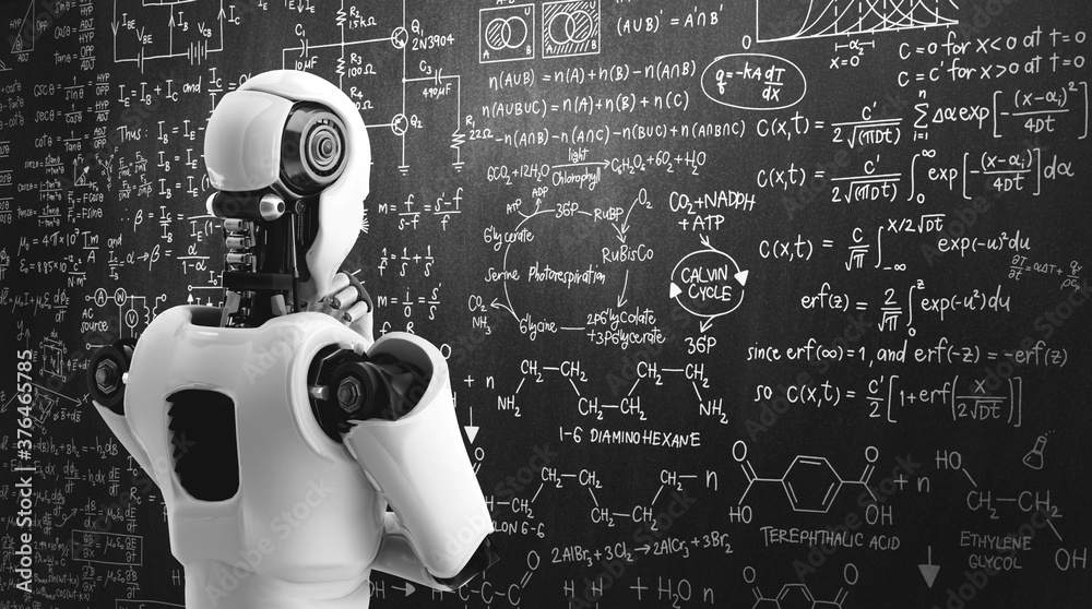 思维AI类人机器人用艺术分析数学公式和科学方程的屏幕