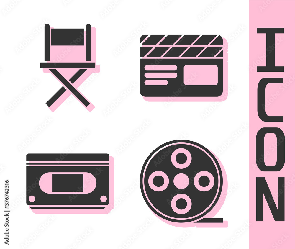 设置电影卷轴、导演电影椅、VHS盒式磁带和电影拍板图标。矢量。