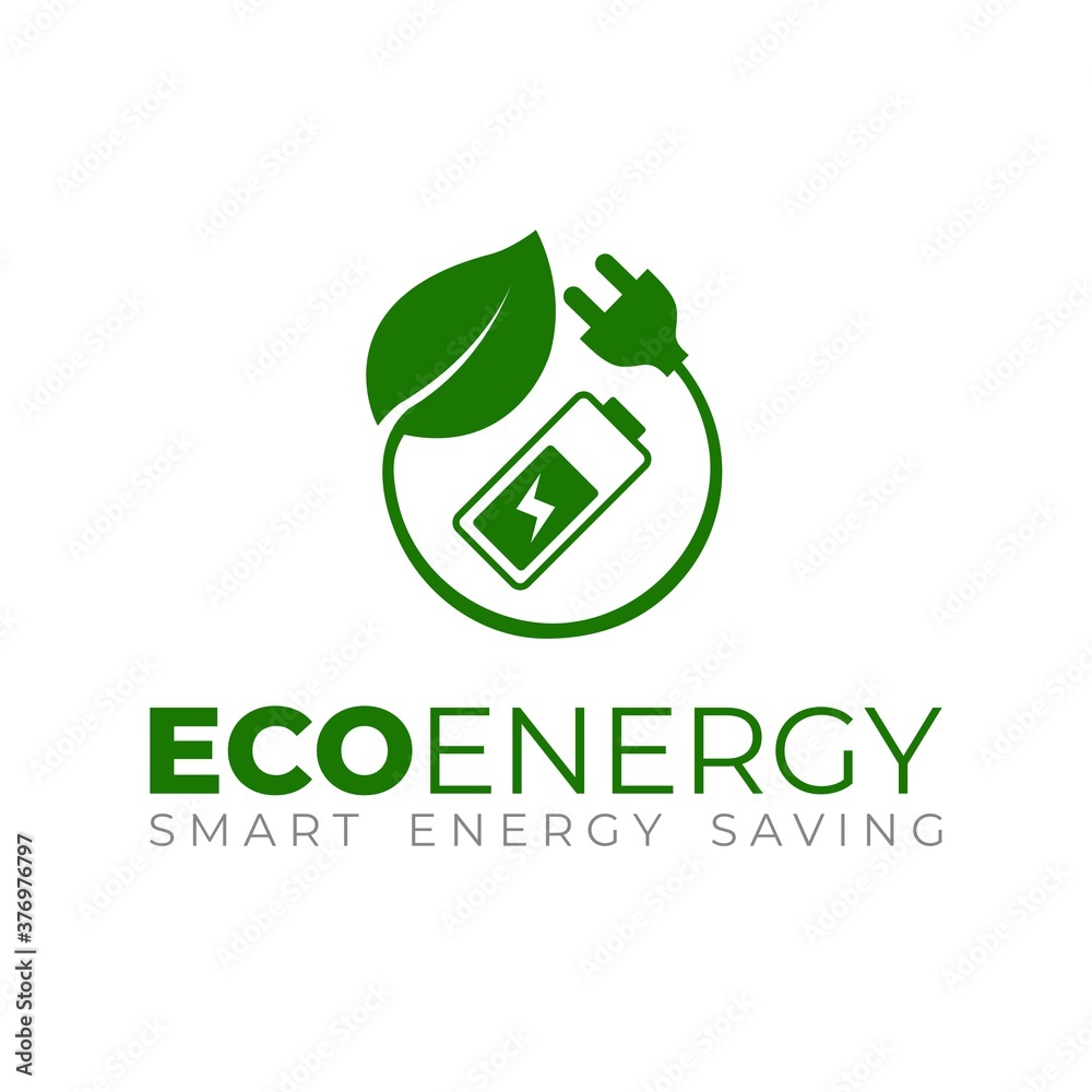 环保能源标志模板。智能能源标志。带绿叶和电源插头的电池。