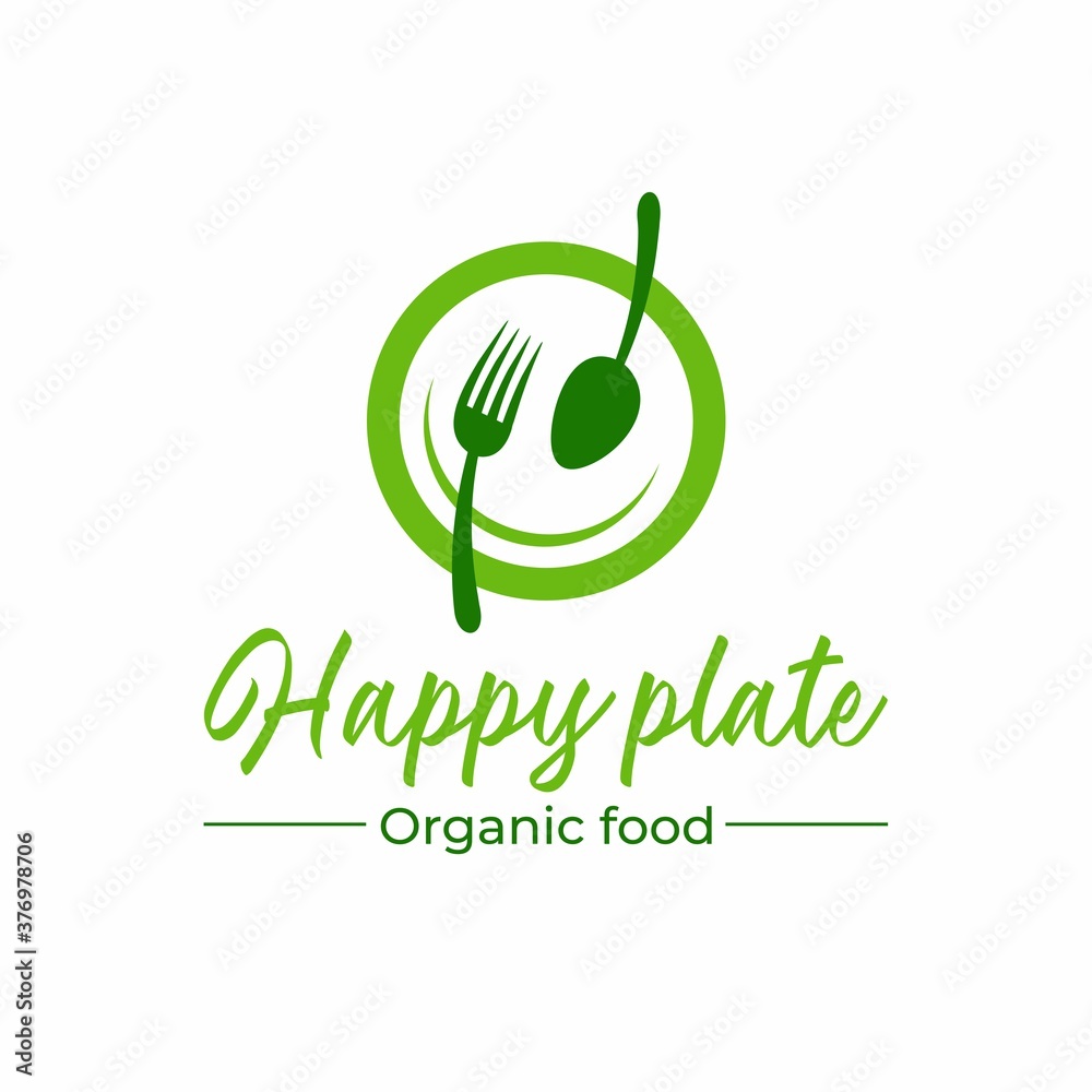 快乐餐盘标识模板，快乐食品标识，由餐盘、叉子、勺子、有机食品vec制成的快乐脸