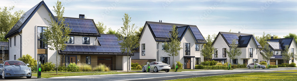道路和屋顶上有太阳能电池板的漂亮房子。充电站和电动汽车