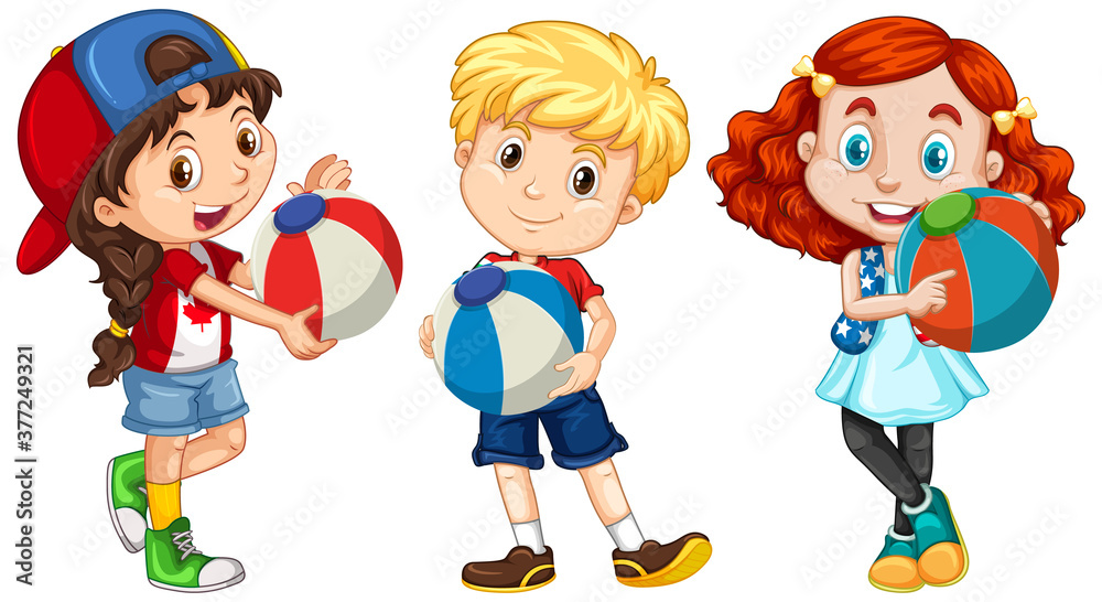 不同的三个孩子拿着五颜六色的球