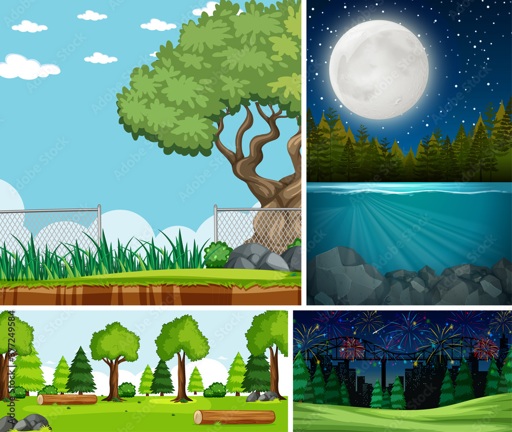 四种不同的自然场景设定卡通风格