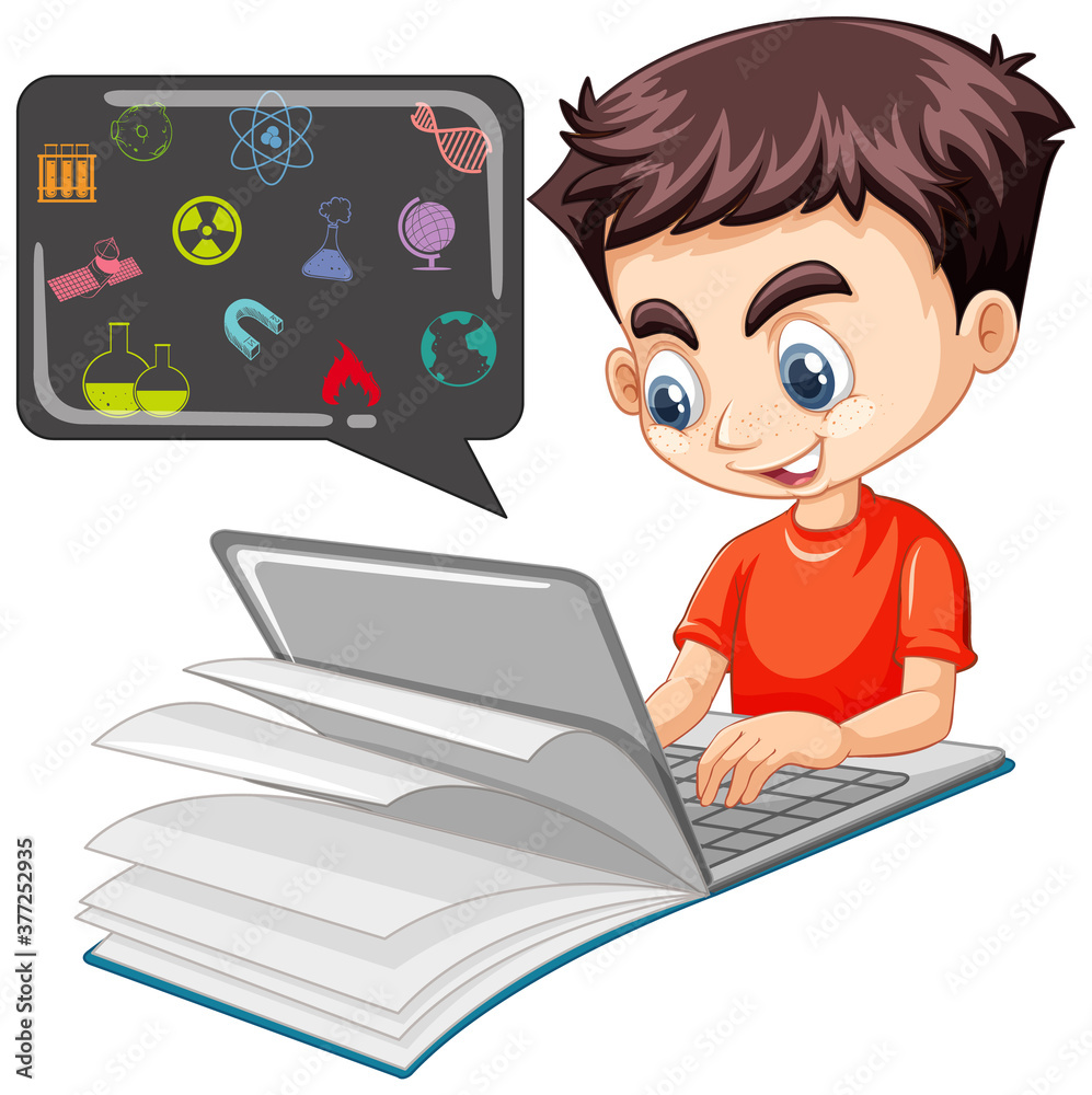 男孩在笔记本电脑上搜索，教育图标被隔离