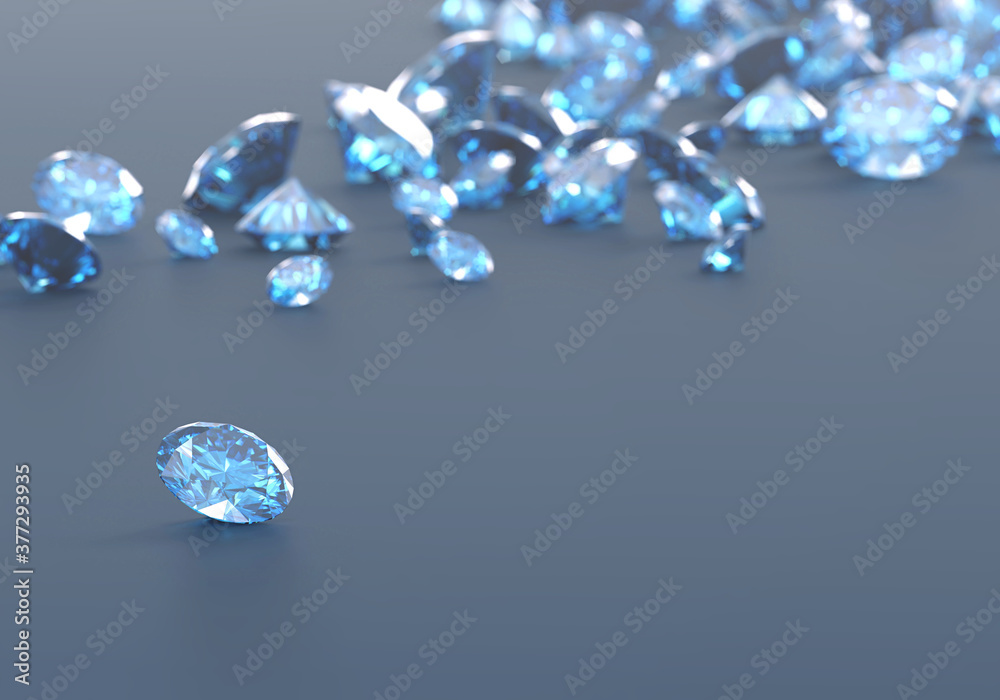 蓝色钻石蓝宝石与钻石组背景选择性聚焦，三维插图。
