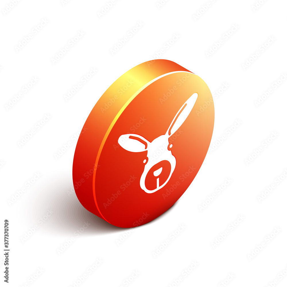 Isometric Rabbit head icon isolated on white background. Orange circle button. Vector.