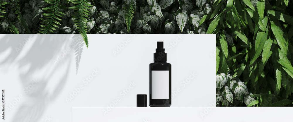 产品展示的化妆品背景。白色讲台和绿叶背景。三维效果图