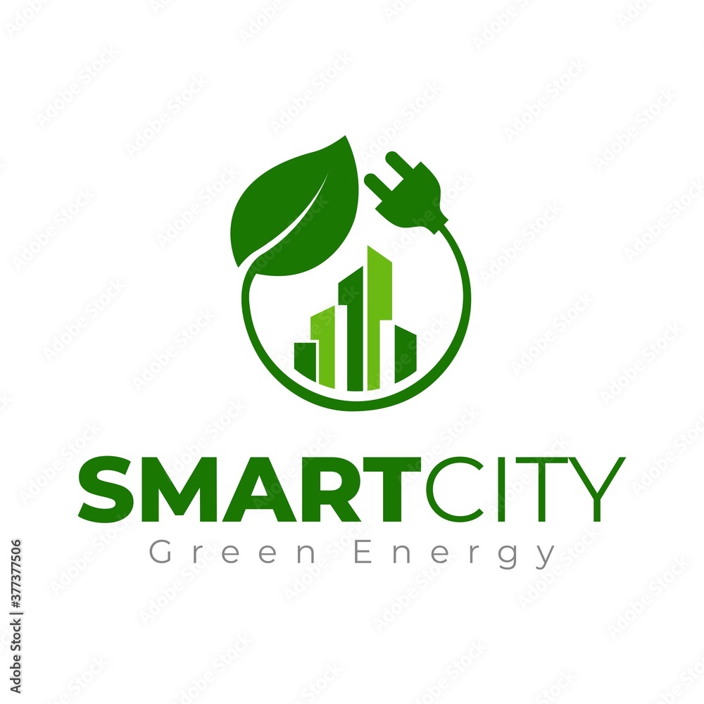 生态城市标志模板。智能城市标志。绿色城市标志。带电源插头的生态建筑塔和