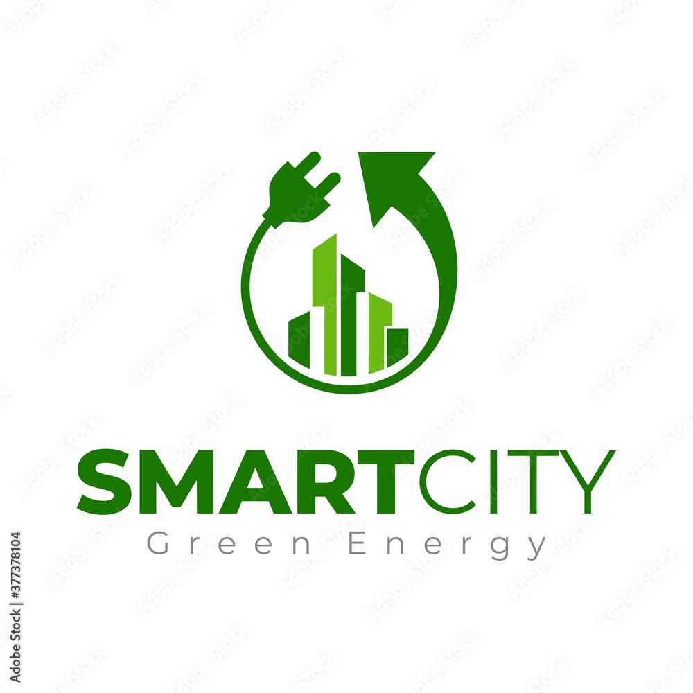 生态城市标志模板。智能城市标志。绿色城市标志。带电源插头的生态建筑塔和