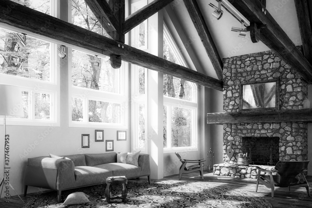 乡村小屋室内设计-黑白三维可视化