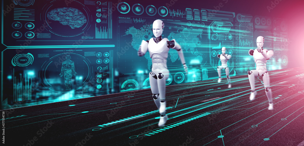 人形跑步机器人在未来创新发展的概念中展现出快速运动和活力