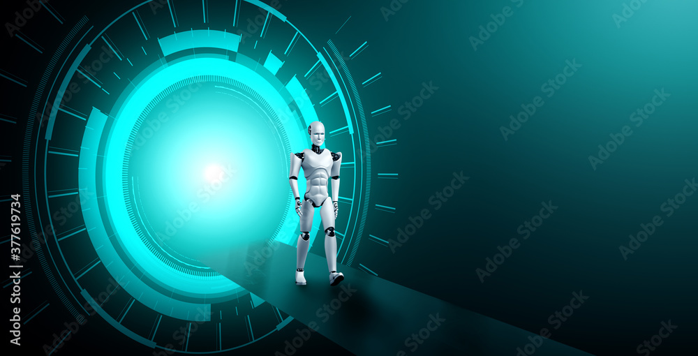 科幻幻想世界中的人形3D渲染机器人。人工智能思维大脑和机器学习的概念