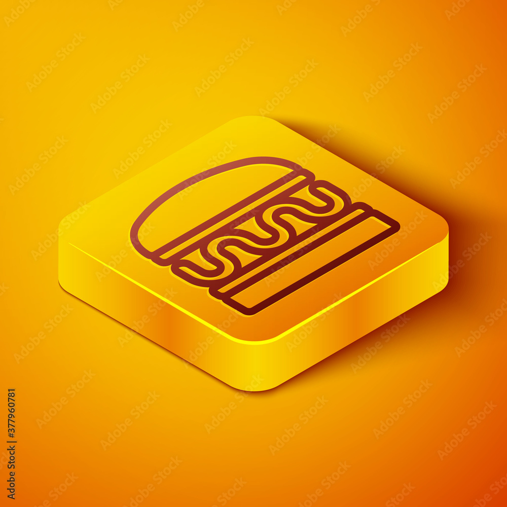 等距线汉堡图标隔离在橙色背景上。汉堡图标。奶酪汉堡三明治标志