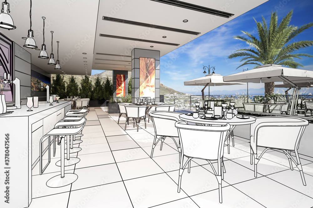 带Outlook的露台酒吧和餐厅（草案）-三维可视化