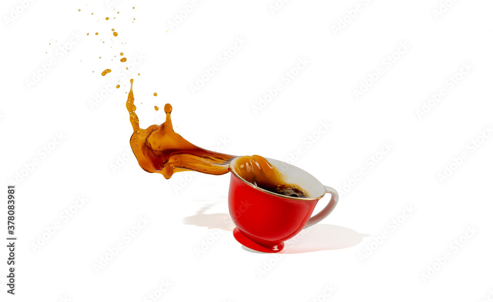 hot coffee red cup spilling and coffee water splash isolated on white background with shadow and cli