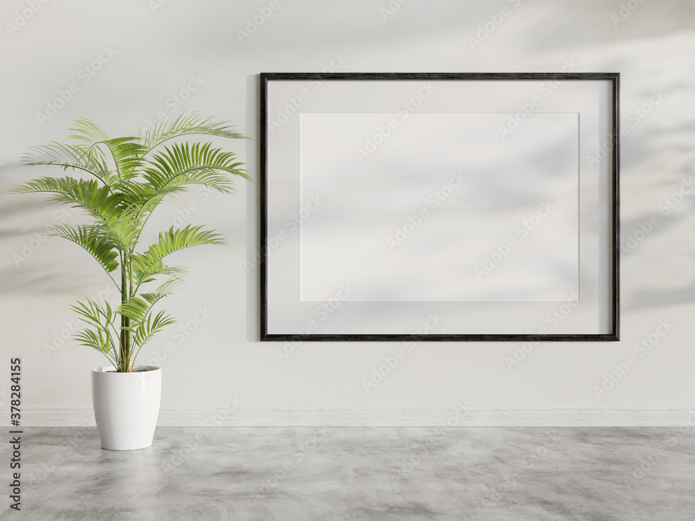Black frame hanging in bright interior mockup. Template of a picture framed on a wall 3D rendering