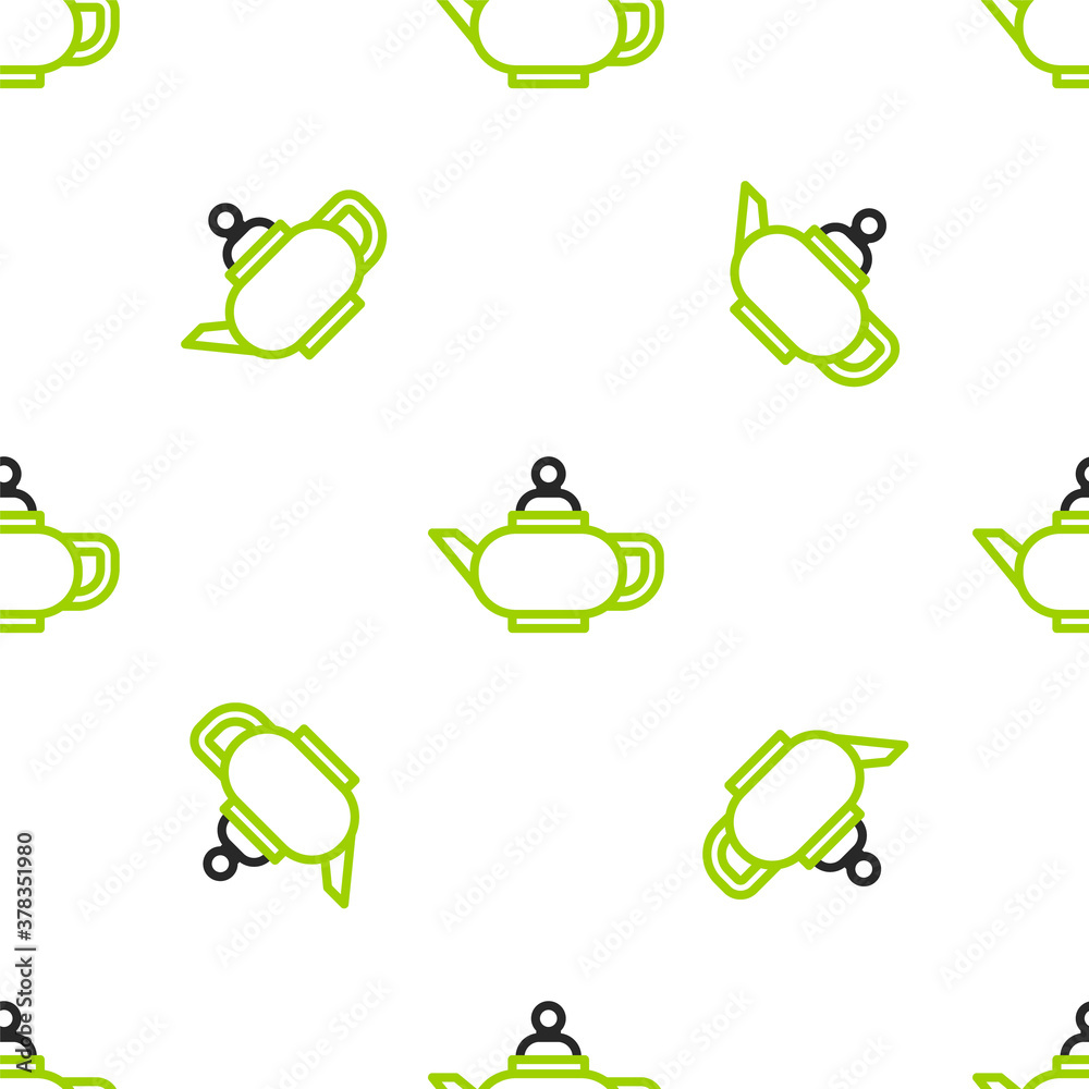 线条中国传统茶道图标白色背景上的孤立无缝图案。茶壶智慧