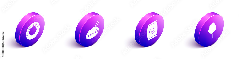 Set Isometric Donut, Rice in a bowl with chopstick, Bag or packet potato chips and Cotton candy icon