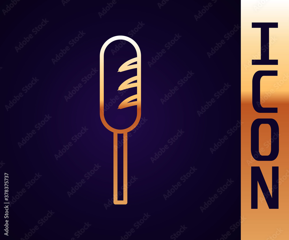 Gold line Fried sausage icon isolated on black background. Grilled sausage and aroma sign. Vector Il