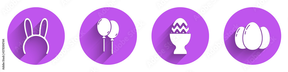 Set Mask with long bunny ears, Balloons with ribbon, Easter egg on a stand and Easter eggs icon with
