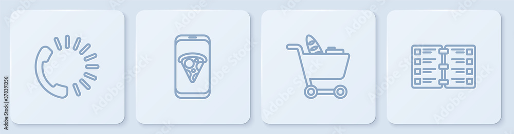 Set line Food ordering, Shopping cart and food, pizza and Restaurant cafe menu. White square button.