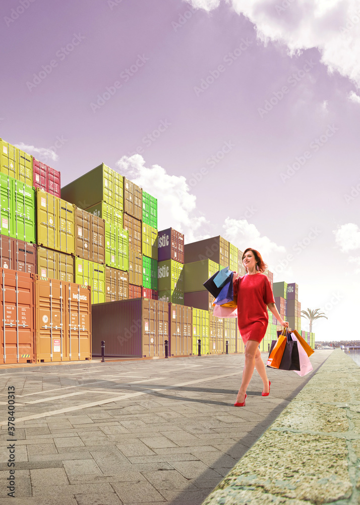 Beautiful shopping around containers street 3D illustration